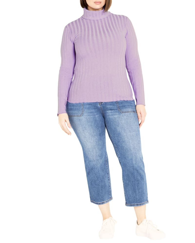 Front of a model wearing a size 20 Evie Roll Neck Top in Lilac by avenue. | dia_product_style_image_id:321644